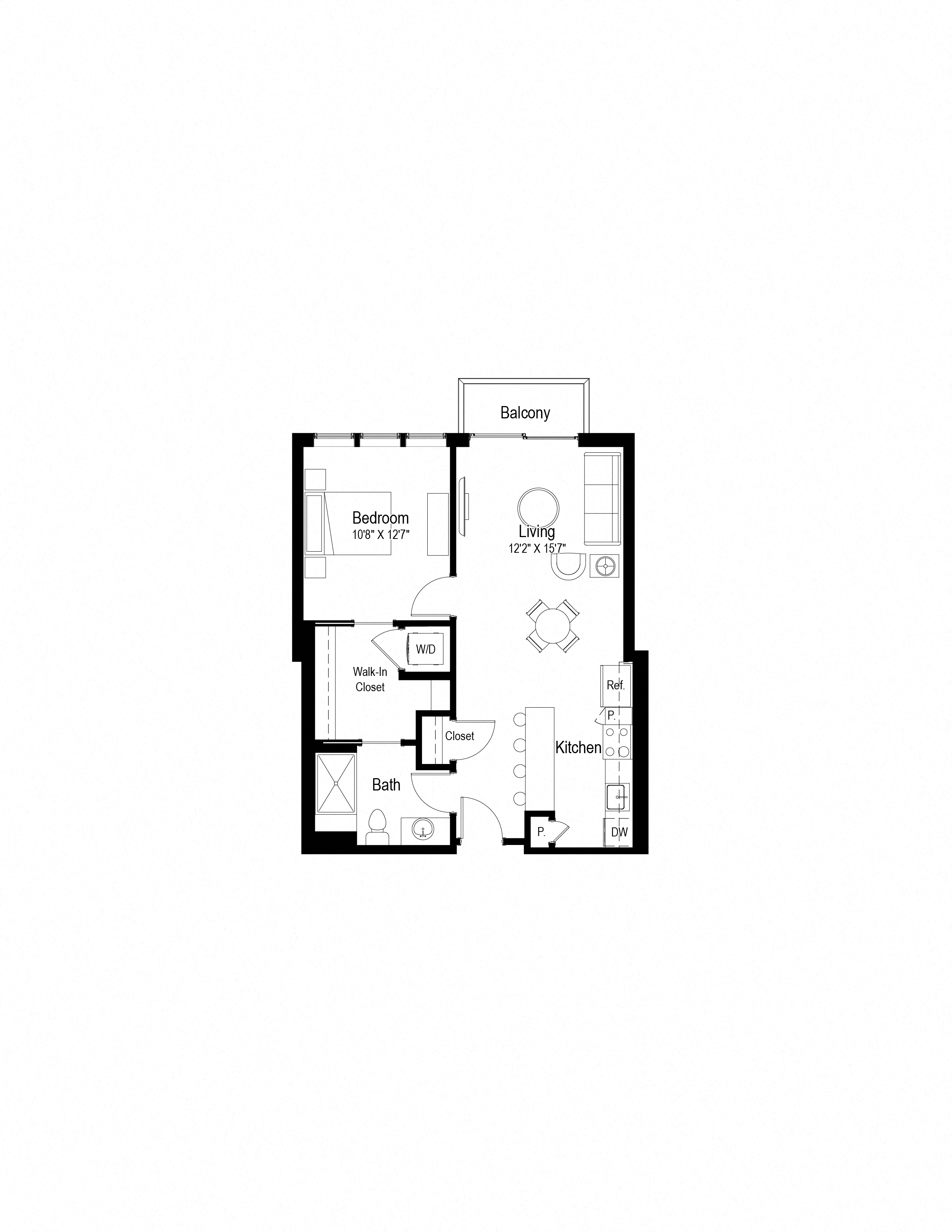 Floor plan for 1 bed, 1 bath, 764 sqft